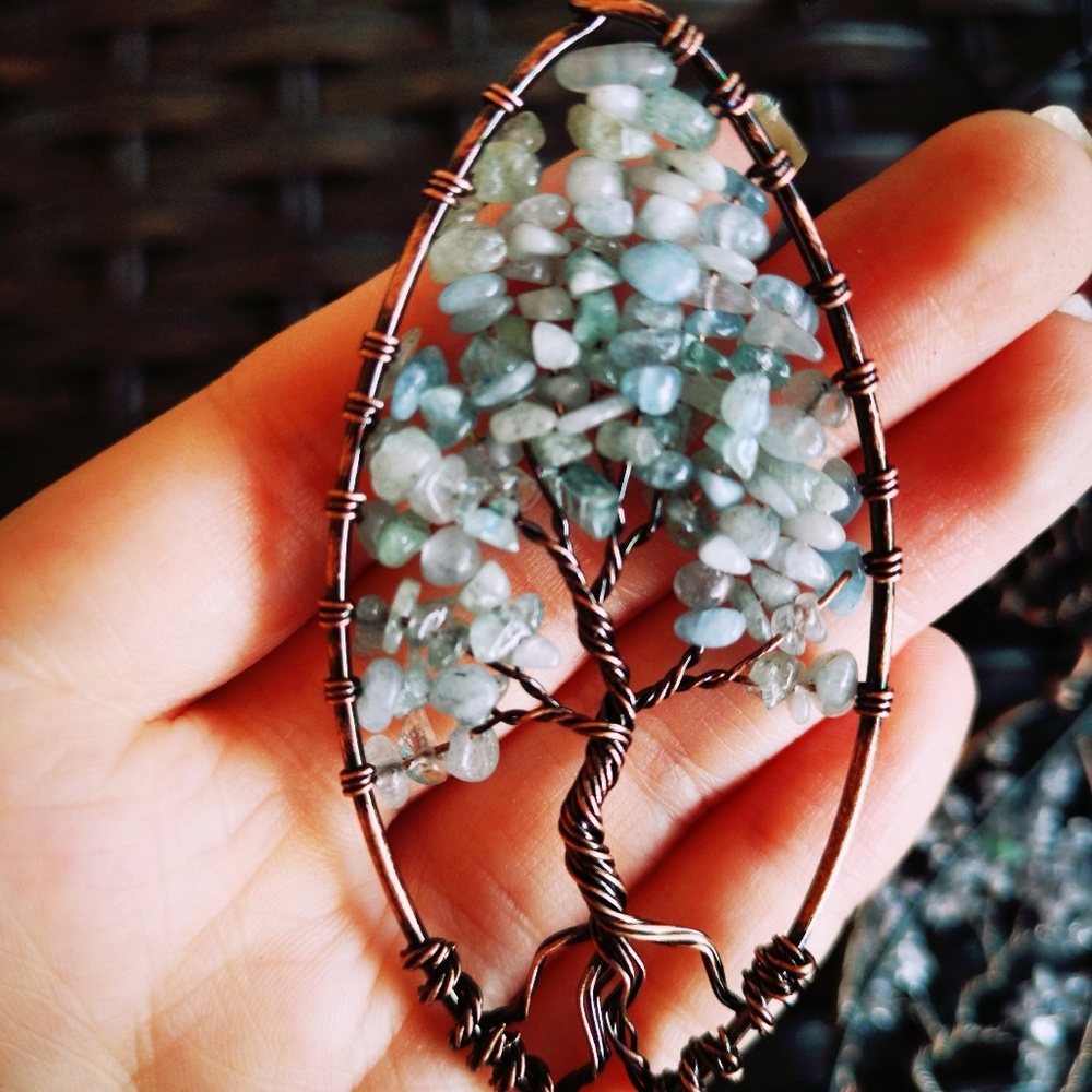 Aquamarine Crystal Tree of Life necklace wire wrap